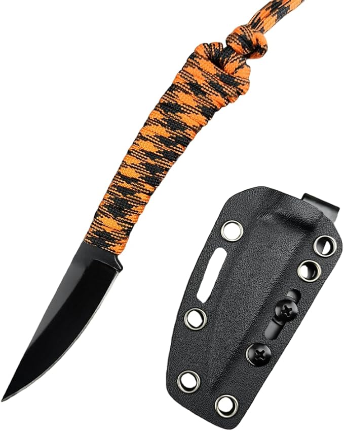 Portable EDC Fixed Blade Knife2.8'' 8Cr13Mov Steel BladeNylon Rope Handle with Kydex Sheath and PocketclipGifts for Men WomenLightweight Full Tang Knives for Camping Hiking Fishing (Orange)