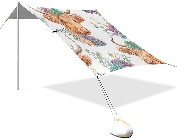 ALAZA Highland Cattle Succulent Pattern Beach Tent Sun Shelter Portable Canopy Sunshade for Outdoor Camping Picnics Backyard Fun 10x9 ft