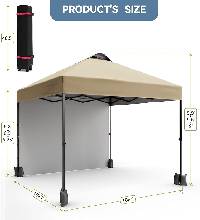 10x10ft Pop Up Canopy Tent with SidewallOutdoor Freestanding Sun Shelter Picnic and CampingInstant Shade Tent with Vented Roof for Beach &amp Events - Includes Storage BagSandbagsStakes&ampRopes