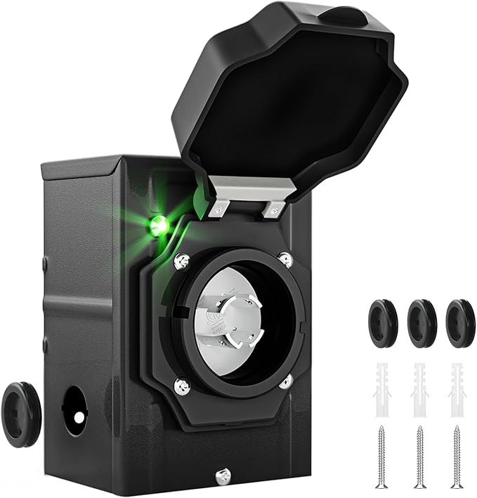 30 Amp Generator Inlet Box with Green Safety Light NEMA L14-30P Power Inlet Box for 4 Prong Generator Cord ETL Listed 125/250 Volt 7500 Watts for RV Outdoor