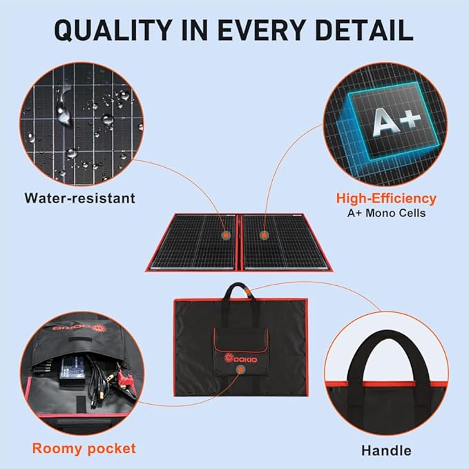 DOKIO 100W Portable Foldable Solar Panel Kit (19x26in 5.3lb) with Separate Controller and Dual USB Monocrystalline Charger for 12V Batteries &amp Power Stations RV Camping Trailer Emergency Backu
