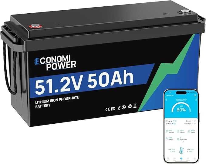48V 50 Ah LiFePO4 Lithium Battery with Bluetooth &amp Built-In 50 A BMS A-Grade Cells 10 Years Lifespan Perfect for Solar Motorhomes Trolling Motors
