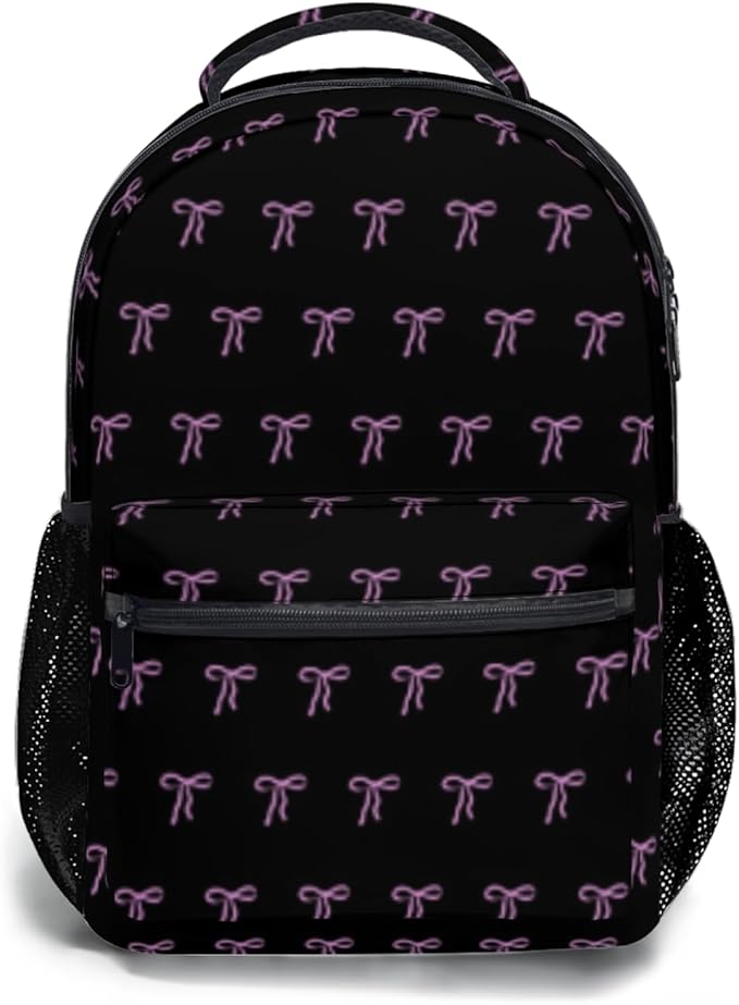 Cute Bow Backpack for Girls Lightweight School Backpack with Front Pocket &amp Side Mesh Black Pink Pattern Bookbag for Elementary Middle School Students Back to School Daily Use