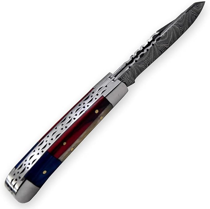 Damascus Steel Pocket Folding Knife Trapper folding knife Knife Leather Sheath Custom Hand Forged knives for Outdoor Survival Hunting Camping edc &amp Hiking Edge Sharpner Rod (TEXAS FLAG HANDL