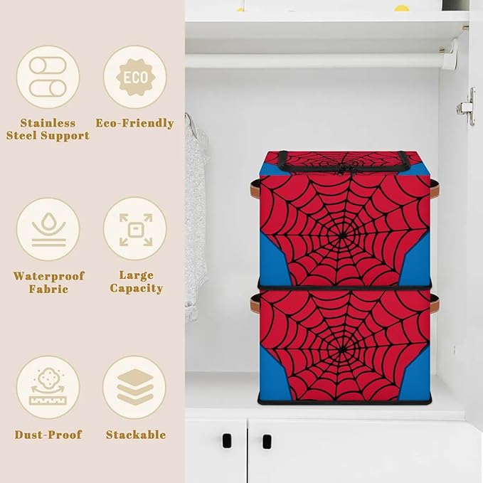 Storage Bin Collapsible Fabric Storage Boxes with Lids for Organizing Red Spider Web Stackable Closet Organizers and Storage Cube Basket for Home Office Bedroom (2 PACK)