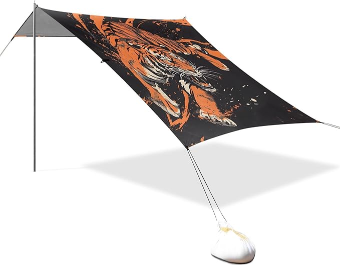 ALAZA Fighting Tiger Beach Tent Sun Shelter UPF50+ Protection Beach Shade Canopy w/ 4 Sandbags for Outdoor Camping Fishing Backyard Fun Picnic 10x9 ft