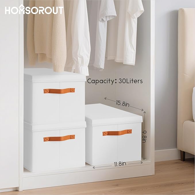 Homsorout Storage Bins with Lids - Large Fabric Closet Bins with Lid 6 Pack Clothes Organizers and Storage Collapsible Stackable Cube Basket for Home Office Dorm White