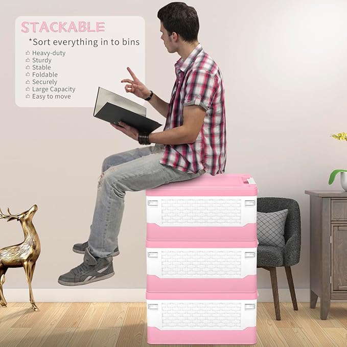 TOPCJ Foldable Storage Bins with LidsCloset OrganizerStackable Plastic Storage Containers with Secure Latching BucklesPerfect Storge Box Organization for Homehome Office(Pink)