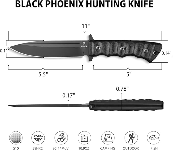 NedFoss BLACK PHOENIX Hunting Knife with Holster 5.5 8Cr14Mov Survival Fixed Blade Knife G10 Handle Bushcraft &amp Camping Gifts for Men
