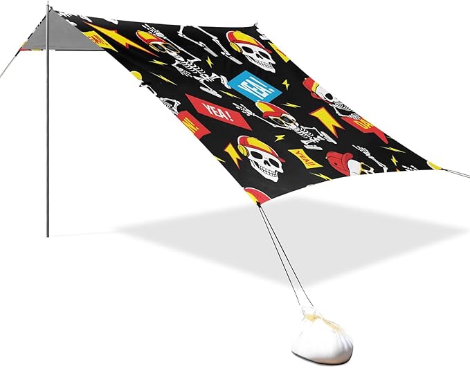 ALAZA Cool Skull Beach Tent Sun Shelter UPF50+ Protection Beach Shade Canopy w/ 4 Sandbags for Outdoor Camping Fishing Backyard Fun Picnic 10x9 ft
