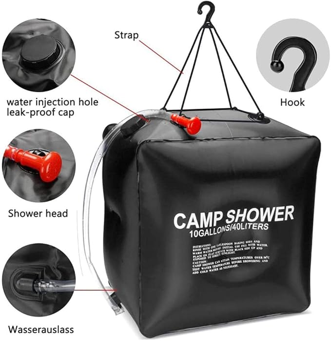 Solar Shower Bag 10Gallons/40L – Camping Shower Portable Solar Heating Bag with On/Off Switch Large Nozzle Shower Header for Outdoor Travel Swimming Beach Hiking Cycling Picnic