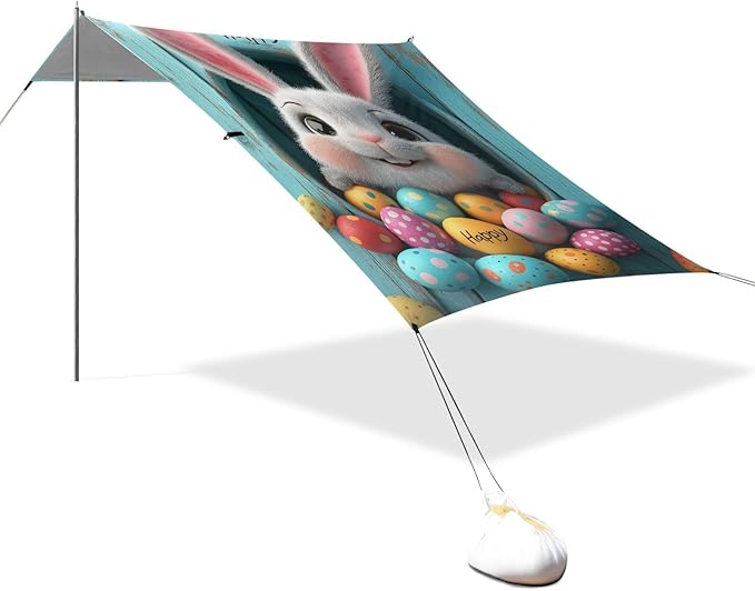 Easter Eggs Cute Bunny Beach Tent Sun Shelter Set UPF50+ UV Protection 10.5 x 9.19 FT Camping Shade Canopy with Sandbags Sand Anchors Carrying Bag and Others