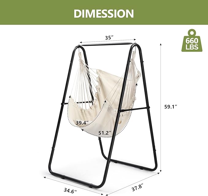 ONCLOUD 600LBS Heavy-Duty Hammock Chair with Stand Steel Hanging Chair Stand with Hook &amp Pillows Durable Swing Stand for Indoor Outdoor Weather Resistant Support Base Black (Hammock w/Stand)