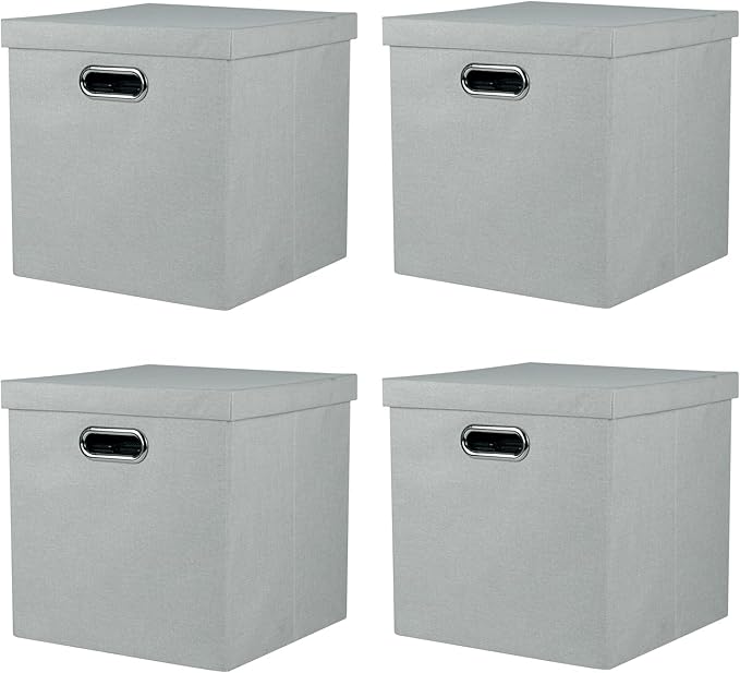 Storage Bins with Lids Collapsible Linen Fabric Boxes Organizer Containers with Lid Foldable Storage Box Basket for Closet Shelves Home Office 11 x 11 x 11.4 Inch 4 Pack Gray