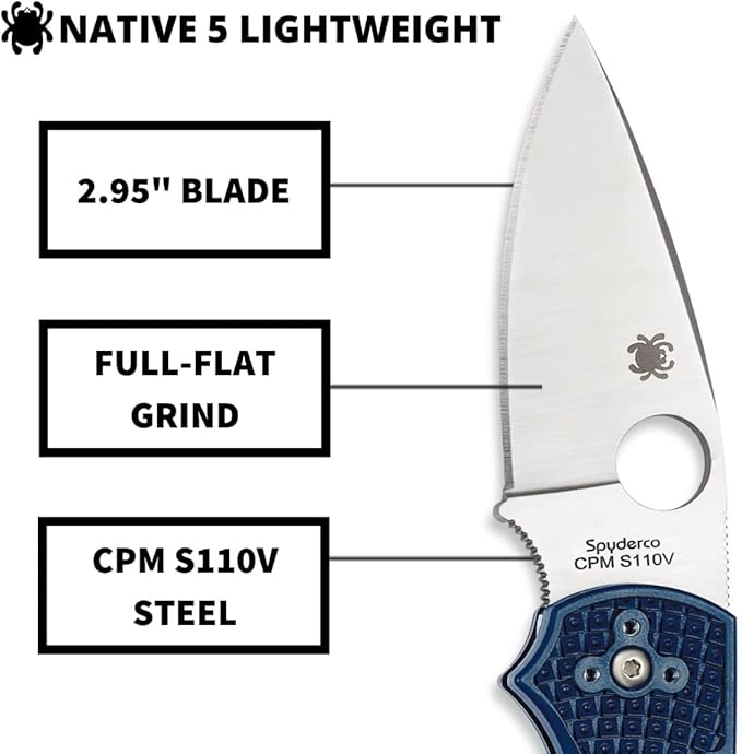 Spyderco Native 5 Lightweight Folding Knife with 2 CPM S110V Steel Blade and FRN Handle - EDC Knife for Men and Women Perfect for Hunting Tactical Camping Survival Hiking - PlainEdge - C41PDBL5