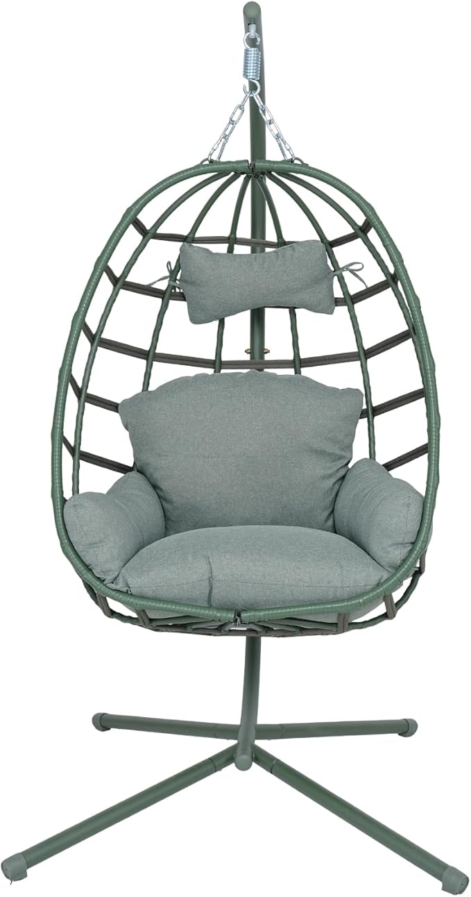 Hanging Egg Chair with Stand Outdoor Indoor Patio Rattan Swing Hammock Chairs with Washable Cushion 350lbs Capacity PE Wicker Swing Chair for Backyard Bedroom Garden (Dark Green + Dark Green Cushion)