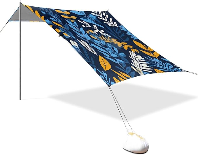 Beach Canopy with Windproof Ropes &amp Sandbags Beach Tent Sun Shade Sun Shelter for Camping Trips Fishing Backyard Fun or Picnics Leaves