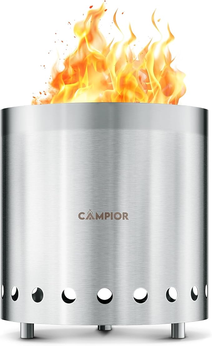 CAMPIOR Wood Burning Fire Pit Stove - Smokeless Outdoor Stove for Wood Fires Camping Cooking and Garden Gatherings Durable Stainless Steel with Removable Ash Pan with Stand and Black Carry Bag