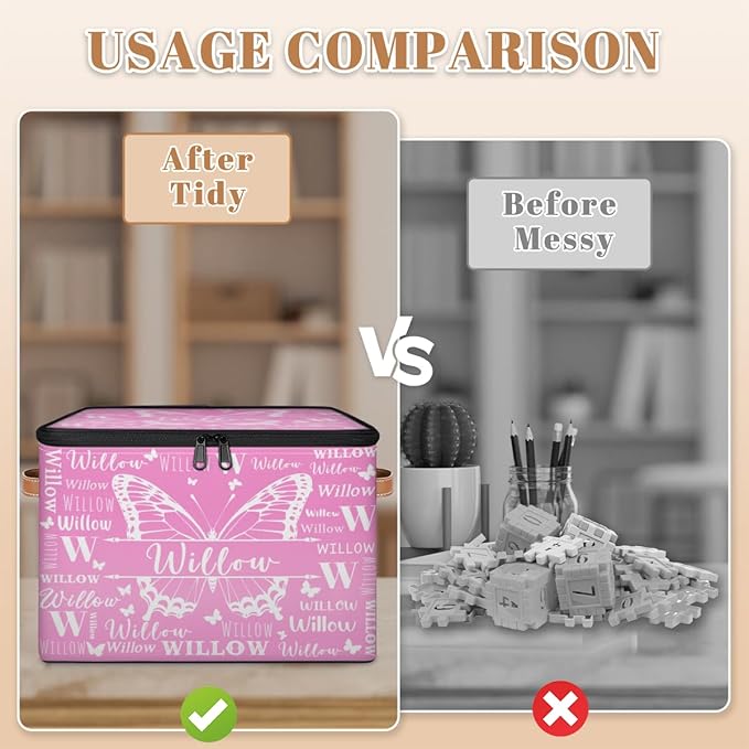 Custom Storage-Box With Name Personalized Butterfly Keepsake Basket with Zipper Lid for Kids Memory Bin Foldable Fabric Large Capacity Containers with Handle