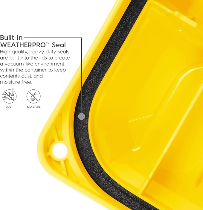 IRIS USA WeatherPro 21 Gallon Lockable Storage Bins with Lids 4 Pack - Made in USA Heavy Duty Stackable Containers Garage Organizing Tubs Rugged Sturdy Equipment Utility Box - Black/Yellow