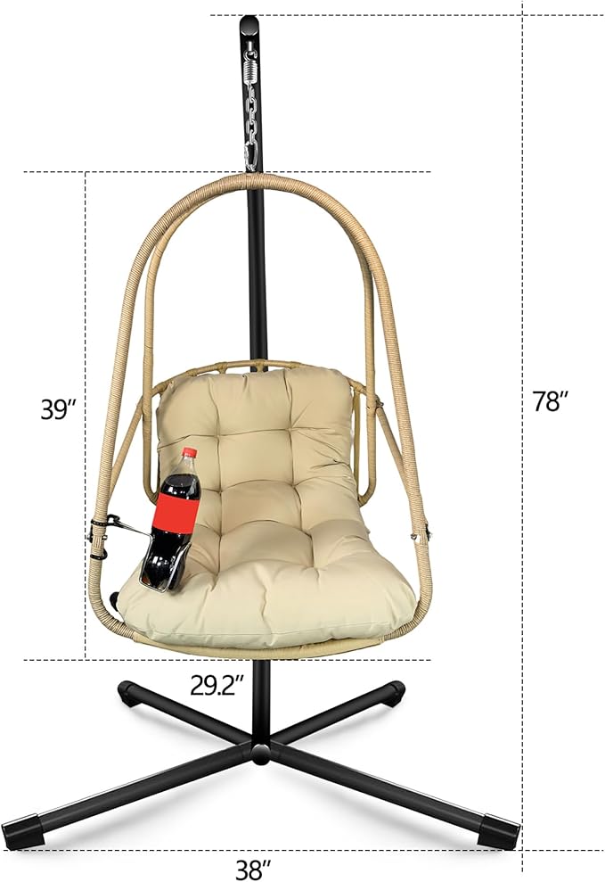 Foldable Rattan Egg Hanging Chair with Stand for Indoor and Outdoor Relaxation Featuring Removable Safety Rail and Convenient Cup Holder with Included Comfort Cushions