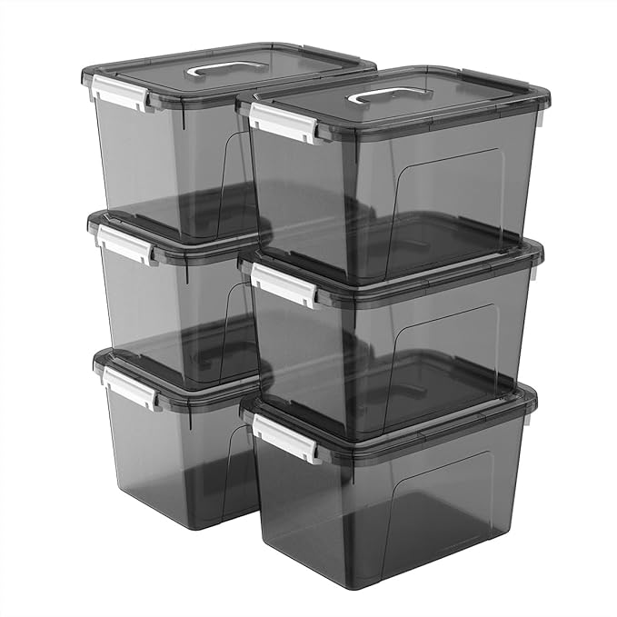Stackable Plastic Black Storage Bins with Lids 6 Pack 12 Quart Modular Organizer Boxes with Secure Latches for Closet Pantry Office and Small Item Storage
