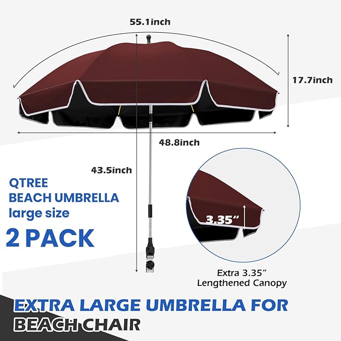 2Pack 48.8 inch Large Beach Umbrella with Clamp Sun Shade for Beach Chair 360°Adjustable UV Protection Golf Umbrella with Clip for Stroller Wheelchair Camping Chair