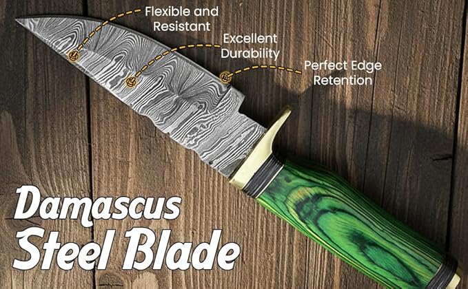 8-Inch Hand-Forged Damascus Steel Hunting Knife Fixed Blade Skinning Design with Leather Sheath Multicolor Wood Handle Brass Guard Twist Pattern Blade for Camping (Green)