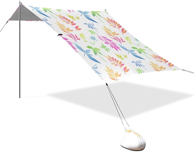 Beach Canopy with Windproof Ropes &amp Sandbags Beach Tent Sun Shade Sun Shelter for Camping Trips Fishing Backyard Fun or Picnics Leaves