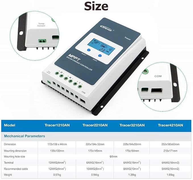 EPEVER 10A MPPT Solar Charge Controller 12/24V DC Tracer-an Series Charge Controller with MT52 Remote Meter &ampTemperature Sensor &ampRS485 fit for Lithium Sealed AGM Battery Charging Negative Gr