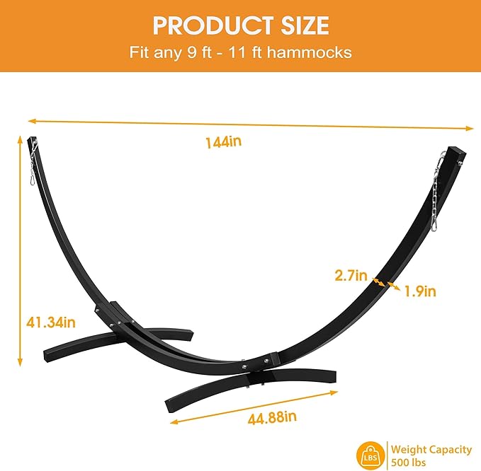 Lazy Daze Hammocks 12 Ft Heavy Duty Steel Arc Hammock Stand with Carabiner and Chain 2 Person Weather-Resistant Curved Stand for Outside Backyard Patio 500 Lbs Capacity Black