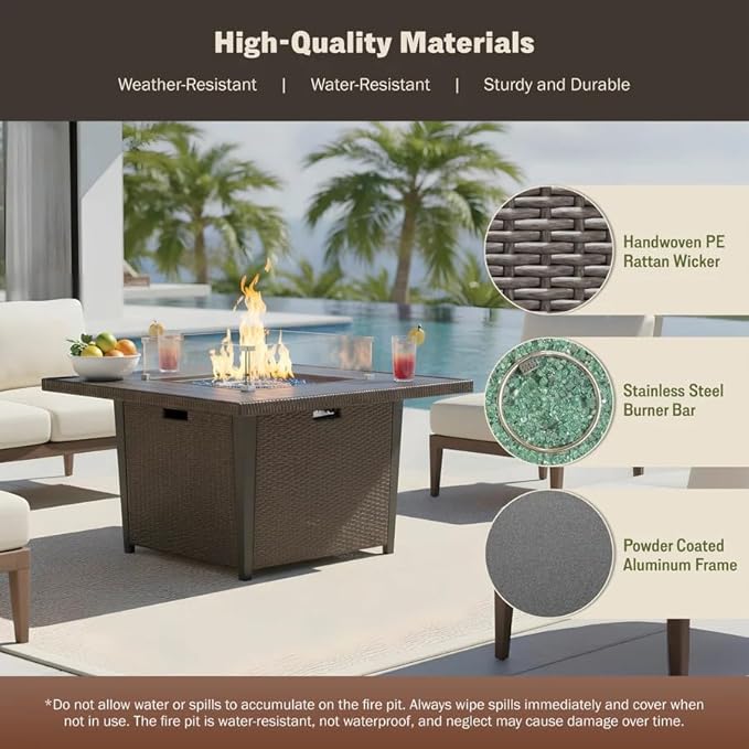 42 Inch Propane Gas Fire Pit Table 50000 BTU Square Aluminum Outdoor Fireplace with CSA Certification Lid Glass Wind Guard &amp Waterproof Cover Gray Rattan 2-in-1 Fire Table for Patio Garden