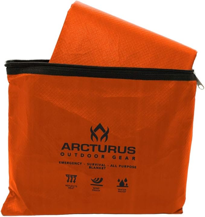 Arcturus Insulated Tarp Reusable Heavy Duty Thermal Survival Blanket – 60x82in Reflects 90% Body Heat Waterproof Windproof 3-Layer Design Reinforced Grommets Orange