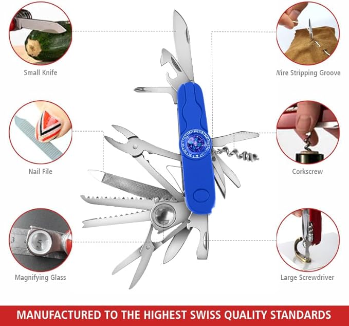 Swiss Eagle 30-in-1 Classic Pocket House Hold &amp Campaign Tool Premium Multi Tool Pocket Tool with Compass Scissor Screwdriver Plier Magnifying Glass Tweezer for Christmas Gifts - Blue