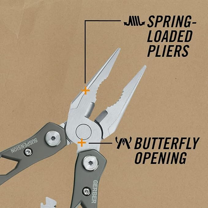 Gerber Gear Suspension 12-in-1 EDC Multi-Plier Multitool with Pocket Knife Needle Nose Pliers Wire Cutters and More Gifts for Men Camping and Survival Grey