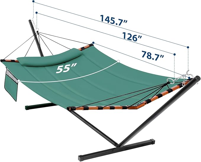 TegerDeger 12FT 2 Person Hammock with Stand Included 55 x 79IN Large Hammock 450LB Capacity with Hardwood Spreader Bar &amp Nylon Rope for Outside Patio Garden Backyard Beach - Deep Lake Blue 2