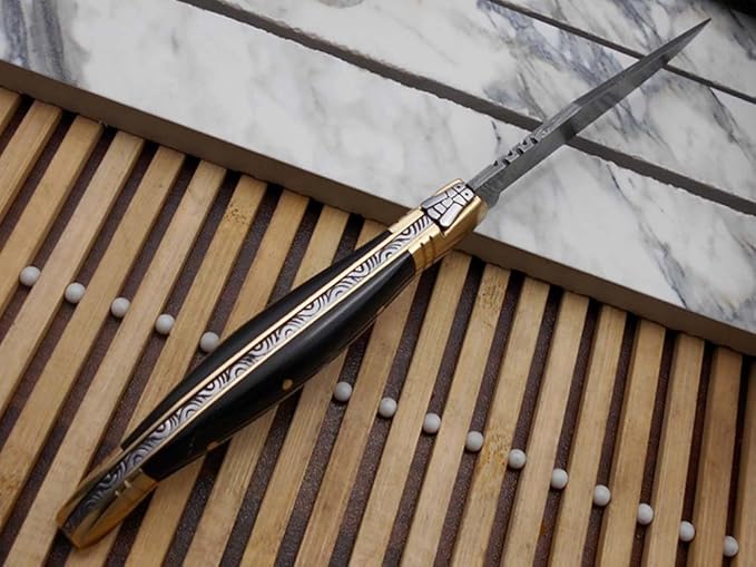 Laguiole Folding Damascus steel knife 8.6 Long with 4.1 hand forged custom twist patren Blade. Wine 2 Tone Dollar wood &amp brass bolster scale. Cow hide leather sheath included (Bull Horn)