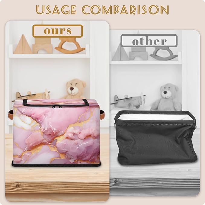 Pink Marble Storage Bins with Zipper Lid Gold Marble Fabric Lidded Storage Baskets Cubes with Handles Decorative Foldable Shelf Closet Organizer Container