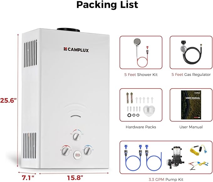 CAMPLUX 4.22GPM Propane Water Heater with 3.3 GPM Water Pump &amp Pipe Strainer 110000BTU Tankless Outdoor Water Heater BW422P120
