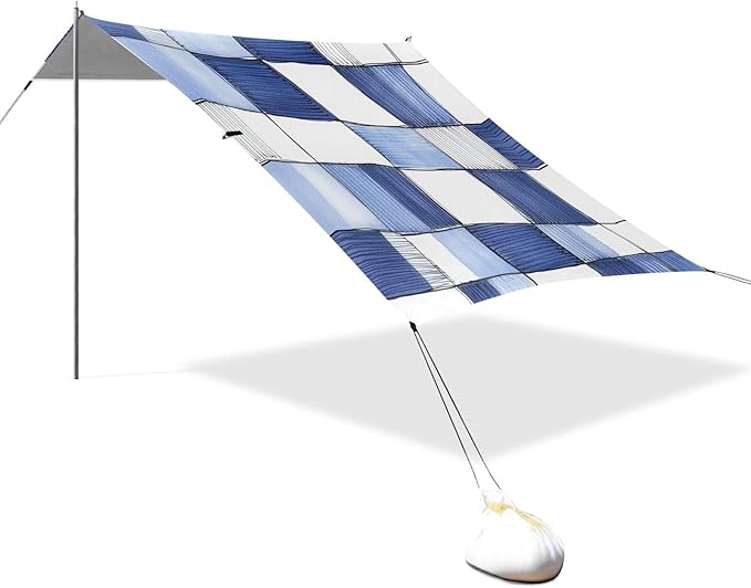 Cornflowerblue Checked Hand-Drawn Sketch Stable Beach Tent UPF50 Lightweight Portable Sun Shelter with Sandbags Sand Shovel Poles for Backyard and Camping