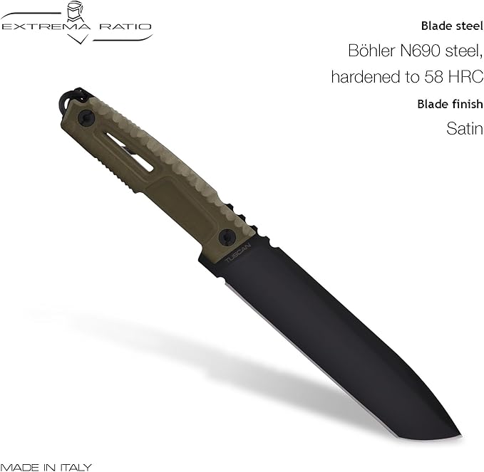 Extrema Ratio - Tuscan (Green) Fixed Blade Knife Bohler N690 steel blade 3.5 mm thick hardened to 58 HRC satin finish blade aluminum handle made in Italy