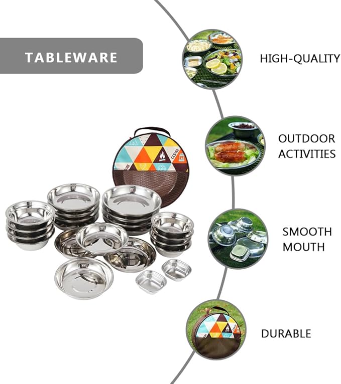 GALPADA Stainless Steel Outdoor Dining with Plates Bowls Cutlery Compact Camping Tableware Kit for Beach BBQ Hiking and Picnic Use