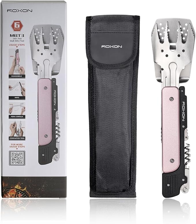 ROXON S601 14 6 in 1 MBT3 Folding Grill Utensils Set Fork Spatula Grilling Knife Tongs Opener for Backyard Barbecue and Camping (Pink)