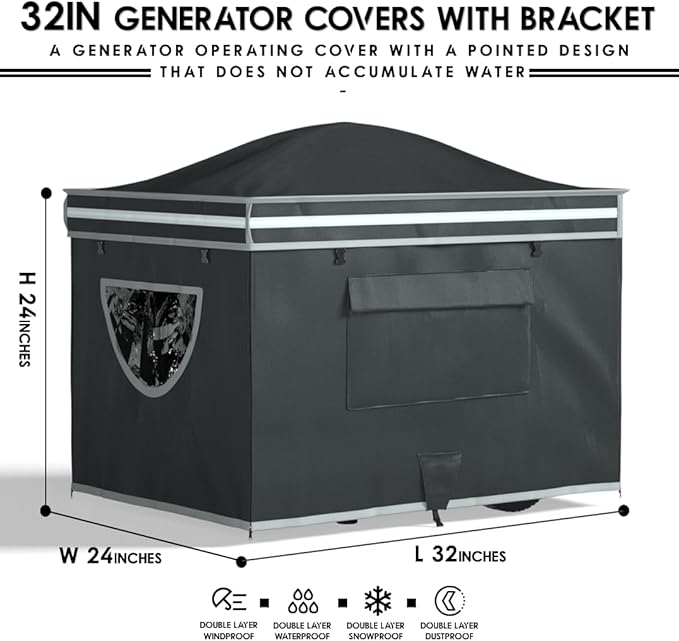 Generator Tent With Bracket Generator Cover Whlie Running 32X24X24 inches Roof Design Without Water Accumulation 1680D Marine Canvas Production+Heavy-Duty Stainless Steel Bracket Black