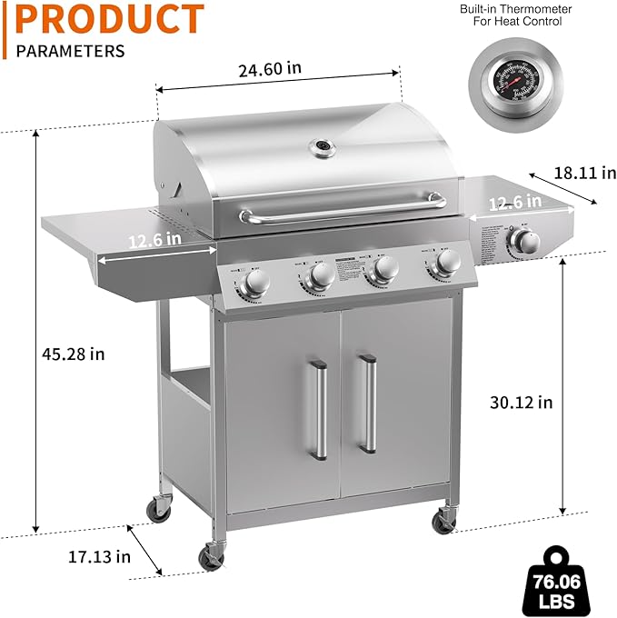 SKOK 4-Burner Propane Gas BBQ Grill with Side Burner &amp Porcelain-Enameled Grilling GratesStainless Steel Grill with 544 Sq. In. Grilling Area for Outdoor Cooking58000 BTU Output