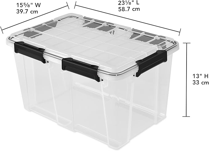 Sterilite 4 Pack 54 Qt Gasket Box Clear Stackable Plastic Storage Container with Lids Black - Waterproof Organizer and Dustproof Tote for Home Organization