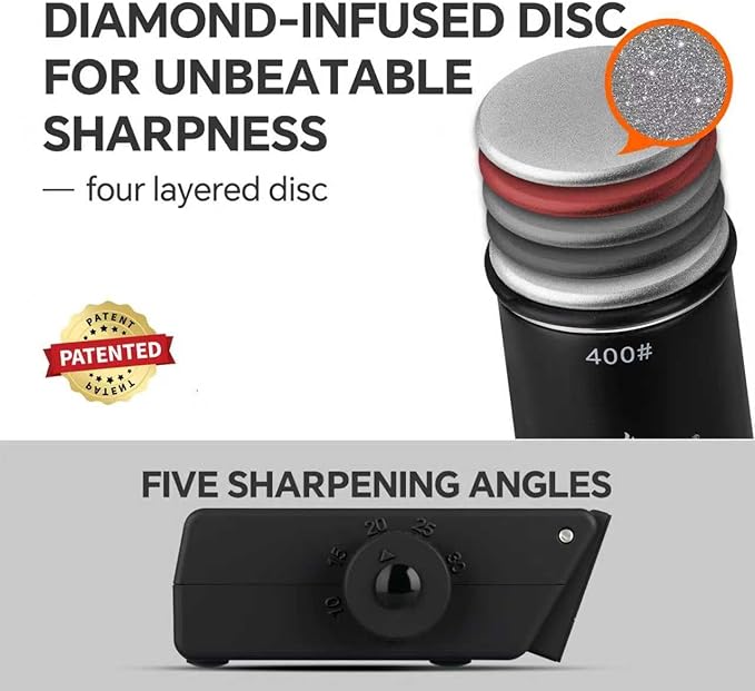 The Innovative Knife Sharpener - Patented Multi-Angle Premium Rolling Knife Sharpener with Extra Replacement Head for Chef's Fruit and All Steel Knives (Black)