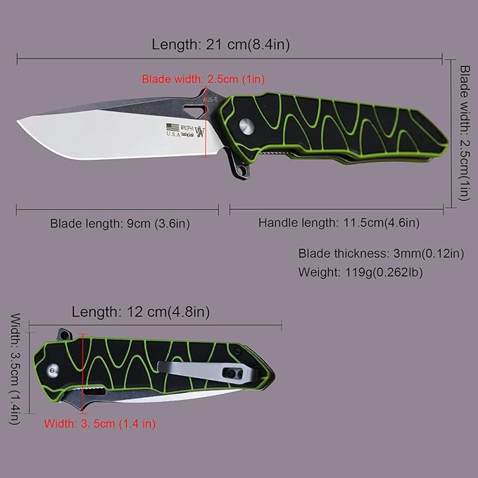 WPKOPYA 8.4in Folding Knife AUS-8 Steel Blade G10 Handle with Anti-Slip Texture Ball Bearing Pivot Stonewashed Finish EDC Pocket Knife for Camping Hiking Survival (AUS-8 (G10 black/green))