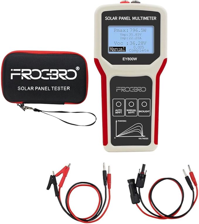 FrogBro Solar Panel Tester Photovoltaic Multimeter Upgrade EY800W with Ultra Clear LCD Smart MPPT Open Circuit Voltage Troubleshooting Utility Tool for Solar PV Testing (LCD 800W)