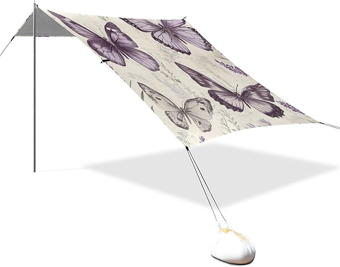 ALAZA Retro Lavender Butterflies Beach Tent Sun Shelter Portable Canopy Sunshade for Outdoor Camping Picnics Backyard Fun 10x9 ft